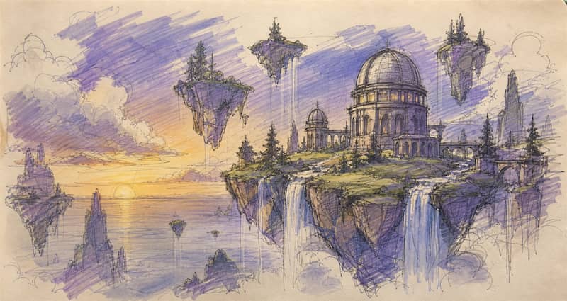 Sketch of a floating botanical observatory before AI generation