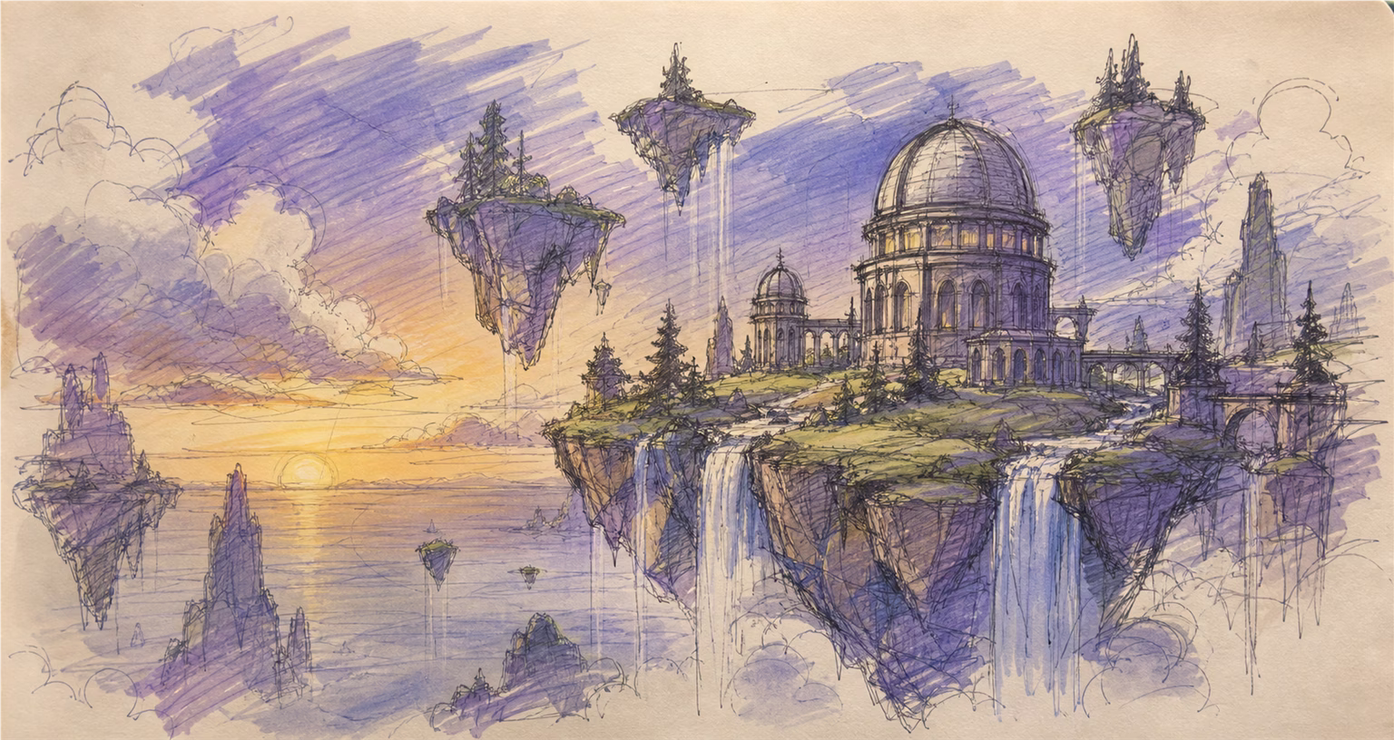 Sketch of a floating botanical observatory before AI generation