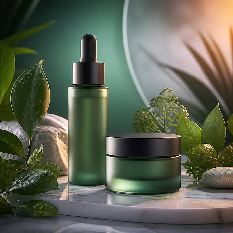 Skincare bottle in garden