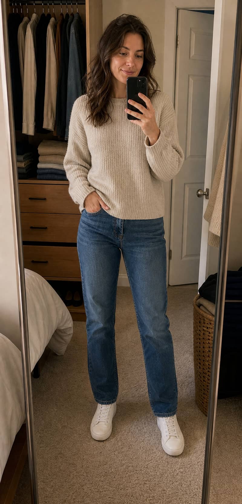 Mirror photo before AI closet planning outfit try-on