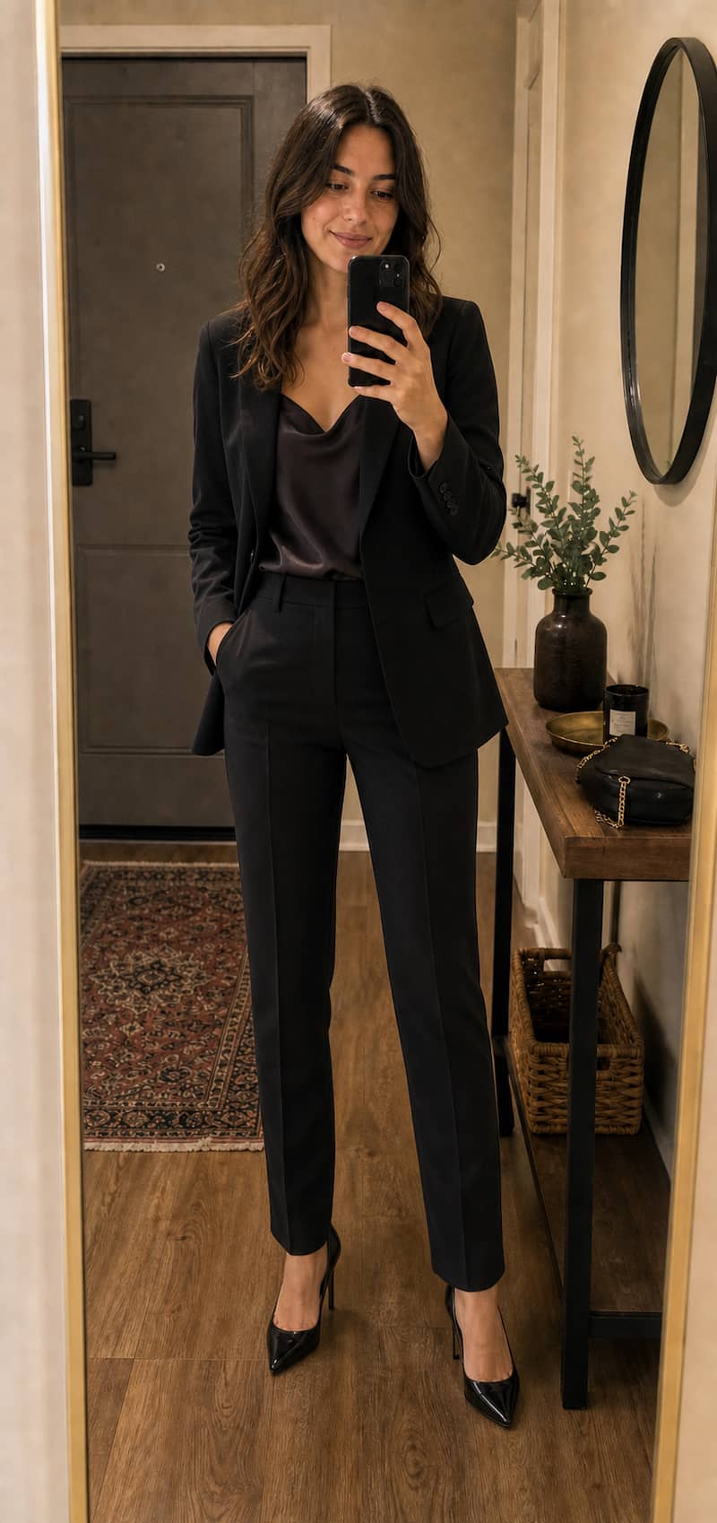 Hallway mirror photo after formal outfit try-on