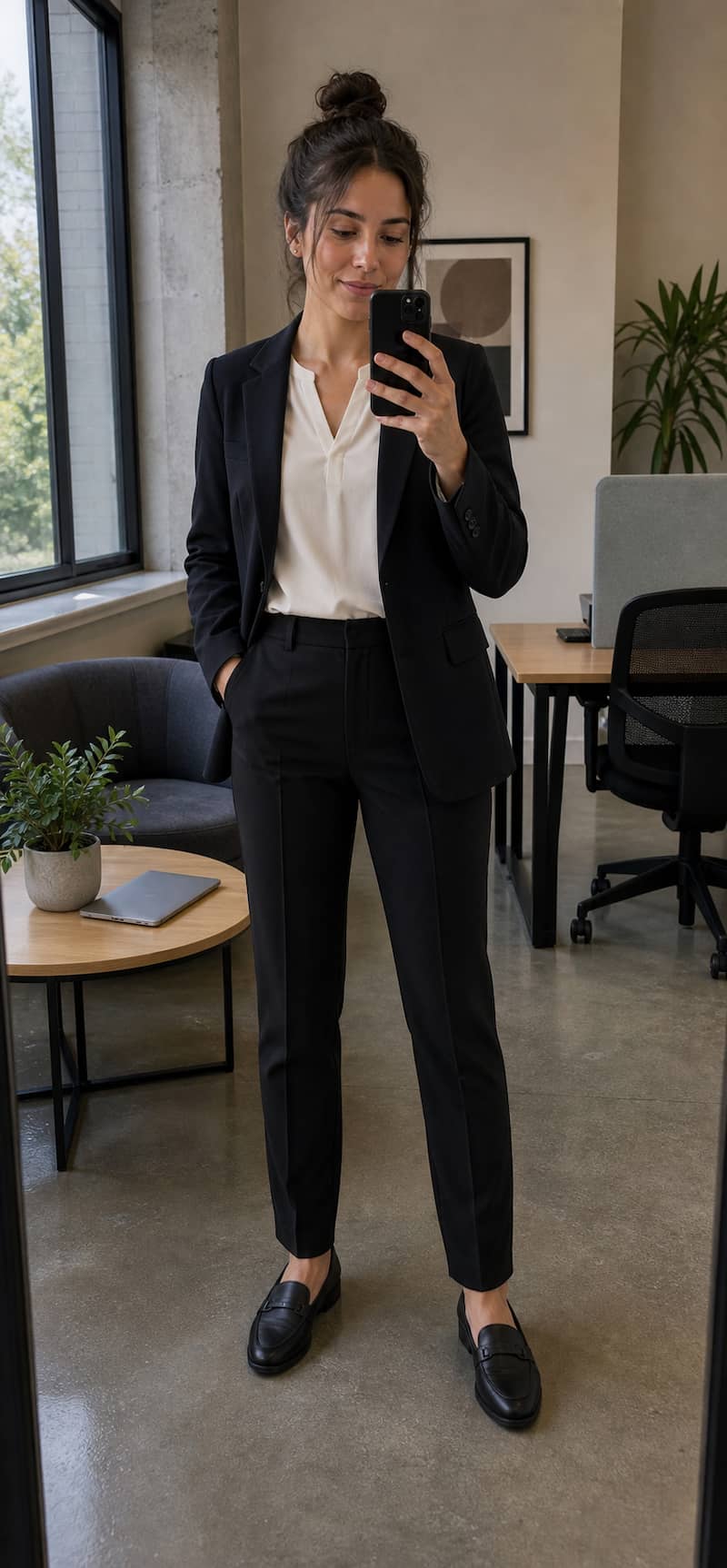 Coworking mirror photo after workwear outfit try-on