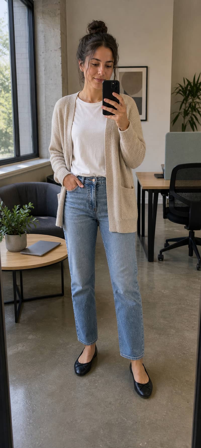 Coworking mirror photo before workwear outfit try-on