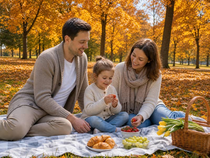 Family picnic photo after changing the scene to autumn