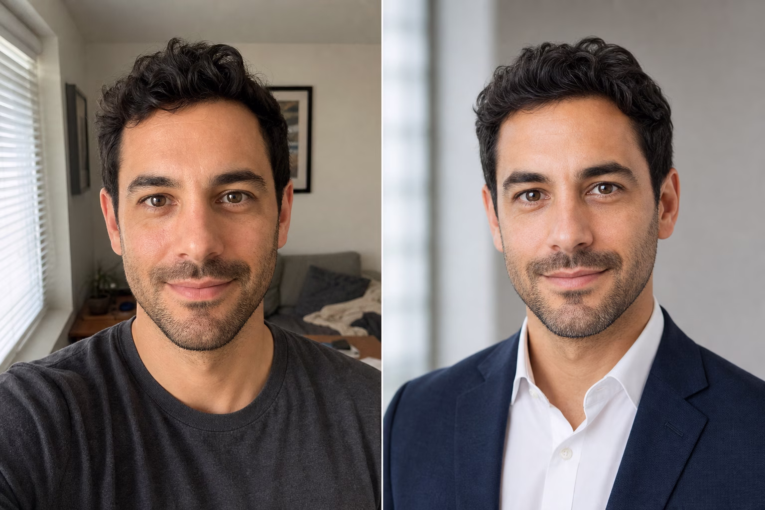 Before and after comparison showing a casual portrait turned into a professional headshot