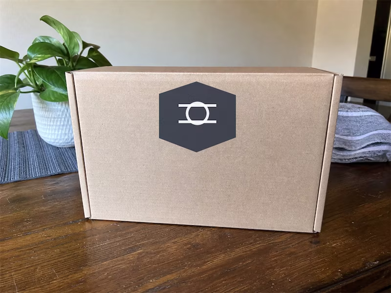 Product box with a fictional package emblem