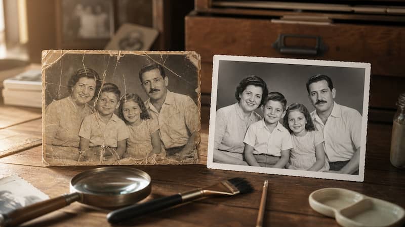 Restored family photo beside an older damaged print